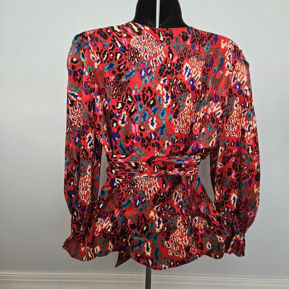 Tanya Taylor Kaylee Silk Red Wrap Blouse women's sz 6 Mixed Animal Print - Picture 2 of 11